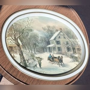 Vintage Currier & Ives The American Homestead Winter ~Metal Serving Tray Oval